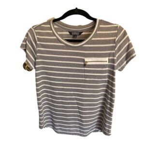 Company Ellen Tracy Gray & White Striped Short-Sleeve Shirt Zipper Pocket Small‎